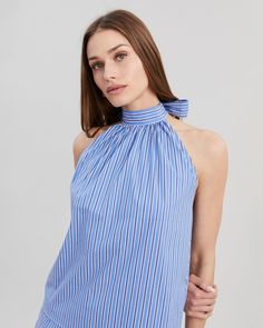 The Barbara Halter Top, made in our cotton poplin fabric, features a high neckline with an open back and ties at the neck. Pair with the Loretto Short. One Piece Top, Cotton Poplin Fabric, Sofia Richie, French Navy, Knitwear Dress, Navy Stripes, Matching Dresses, Poplin Fabric, High Neckline