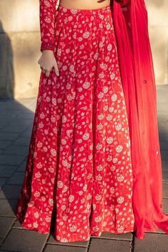 Red attached cancan lehenga with all over floral print. Paired with a printed padded blouse with placed hand embroidery and dupatta with matching hand embroidery. - Aza Fashions Floral Print Lehenga, Cancan Lehenga, Print Lehenga, Lehenga Pattern, Satin Hands, Padded Blouse, Satin Color, Mirror Work, Set For Women