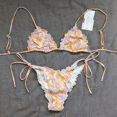 New With Tags. Triangle Top Is Unpadded, Adjustable Straps, Ties In The Back. Bottoms Are Bitsy Cut, Adjustable Ties. Ruffle/Lettuce Edge Detail. Purple Bathing Suits, Bikinis Aesthetic, Oopsie Daisy, Trendy Bikinis, Cute Bathing Suits, Cute Swimsuits, Summer Swim Suits, Cute Bikinis, Triangle Top