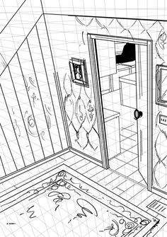 a black and white drawing of a bathroom