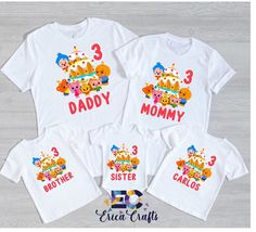 three matching family shirts with the number 3 and baby's first birthday on them