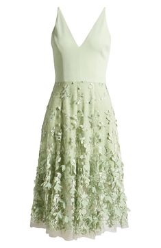 A floral-embroidered mesh skirt floats over the minidress base layer of this alluring midi that can easily dance the night away. 44 1/2" length (size Medium) Hidden back-zip closure Deep V-neck Lined 100% nylon Dry clean or hand wash, line dry Imported Floral Embellished V-neck Evening Dress, Summer Evening Midi Dress With Floral Applique, Sheer Knee-length Dress For Gala, Spring Gala Lace Midi Dress, Spring Lace Midi Dress For Gala, Lace Dresses For Spring Gala, Floral Embroidery Midi Dress For Evening, Knee-length Floral Embellished Evening Midi Dress, Evening Knee-length Dress With Floral Applique