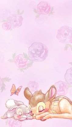 an animal kissing another animal in front of pink flowers and butterflies on a wallpapered background