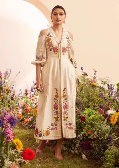 Ivory embroidered midi dress Luxury Traditional Wear With Resham Embroidery, Luxury Traditional Wear With Resham Embroidery For Ceremony, Luxury White Traditional Wear For Women, Luxury Chanderi Dresses For Women, Luxury Traditional Maxi Dress With Resham Embroidery, Luxury Chanderi Dresses With Self Design, Luxury Long Dress With Resham Embroidery, Luxury Cutwork Dresses For Festive Season, Luxury Traditional Maxi Dress With Floral Embroidery