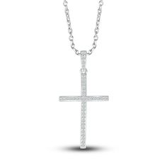 A bold statement of faith, a powerful cross is adorned with brilliant round diamonds in this beautiful women's pendant necklace. Fashioned in sterling silver, the total diamond weight is 1/10 carat and the 18-inch cable chain secures with a lobster clasp White Gold Cross Necklace, Jared The Galleria Of Jewelry, Necklace Clasps, Gold Cross Necklace, Diamond Cross Pendants, Diamond Cross, Jewelry Lookbook, White Necklace, Gold Cross