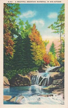 a painting of a waterfall in the woods with trees around it and water running over rocks