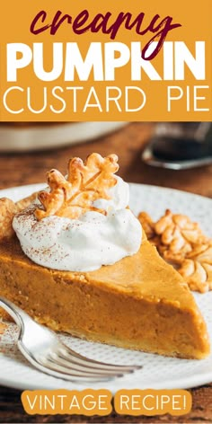 a slice of pumpkin custard pie on a white plate