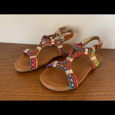 Size 13, Never Worn. Smoke Free Home. Multicolor Round Toe T-strap Sandals For Vacation, Playful Multicolor Open Toe Sandals, Adjustable Fun Sandals For Spring, Fun Adjustable Sandals For Spring, Adjustable Open Toe Fun Sandals, Fun Adjustable Open Toe Sandals, Adjustable Flat Fun Sandals, Playful Adjustable Sandals For Vacation, Adjustable Sandals For Summer Playtime