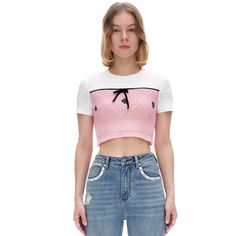 Herlian Pink And White Knit T-shirt Size Chart ( in CM ) Shoulder Chest Length Sleeve S 36.5 78 37.5 18 M 37.5 82 38.5 18.5 L 38.5 86 39.5 19 Material: 100% Cotton; 95% Cotton, 5% Spandex Knitted Tshirt, Tee Shop, Pink And White, Length Sleeve, Size Chart, Spandex, Knitting, Pink, T Shirt