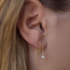 Safe for sensitive skin, this ear threader can be lived in. Can be worn in one hole, two holes, or even three! No need for multiple piercings. Get creative with this gorgeous and unique earring. The chain is solid 14k gold & the charm is 14k gold plated with diamond replica AAA CZ. Available as a single earring or in a pair. Available in sterling silver, white, & rose gold - email info@belladaar.com to order. Earring Threaders, Threader Earrings Multiple Piercings, Chain Earrings Two Holes, Ear Threader, Hair Cuffs, Chain Anklet, Threader Earrings, Single Earring, Chain Earrings