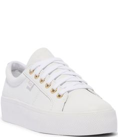 From Keds&#x2C; the Women's Jump Kick Duo Leather Platform Sneakers feature:Leather upper10% Recycled PU Foam Softerra  footbedLace up closureSoft and breathable canvas liningFlexible rubber outsoleApprox. 1.5" platform heightImported. Platform White Shoes, Champion Sneakers, Keds Champion, Platform Sneakers, Dillard's, White Shoes, Keds, Casual Sneakers, Womens Shoes Sneakers