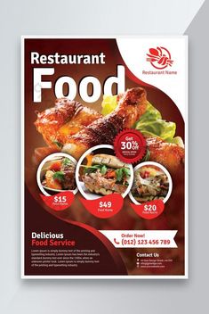 a restaurant food flyer is shown in red and white with an image of meats on it