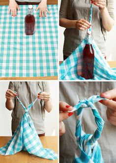 four pictures show how to tie a scarf around a bottle and then fold it into an origami