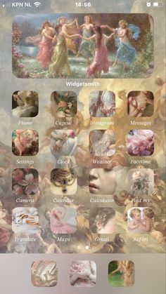 an iphone screen with many different pictures on the phone, including angels and other things