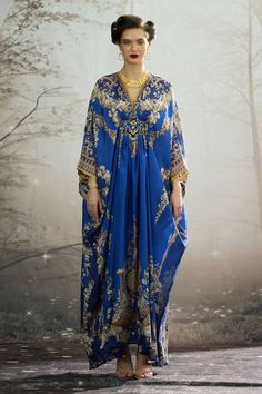 Blue silk long kaftan with all over regal floral prints and patch work waist belt. - Aza Fashions Rajdeep Ranawat, Mithila Palkar, Kaftan For Women, Adah Sharma, Diana Penty, Long Kaftan, Kareena Kapoor Khan, Madhuri Dixit, Luxury Sale