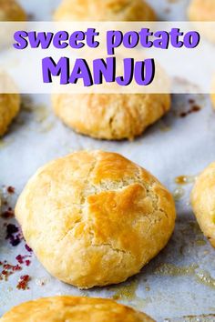 sweet potato manju on a baking sheet with the words, sweet potato manju