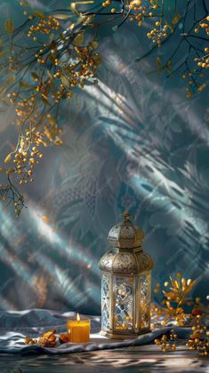 a lantern and candles on a table with flowers in front of a blue wallpaper