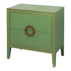 a green and gold nightstand with two drawers on one side and an oval handle on the other