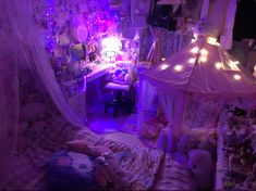 a room filled with lots of stuffed animals and lights on the walls, including a canopy bed