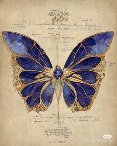 a blue butterfly with gold details on it's wings and back wing, sitting on top of a piece of paper