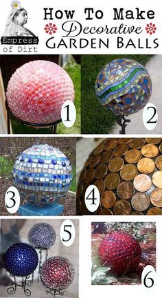 how to make decorative garden balls out of mosaic glass tiles and pennets - step by step instructions