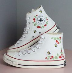 Custom Embroidery Converse/strawberry and Bees Embroidered Shoes/custom Converse High Tops Embroidered Strawbery/ Strawberry Sneakers Gift - Etsy Cute White High-top Sneakers For Spring, Spring High-top Sneakers With Embroidered Logo, Summer High-top Sneakers With Floral Embroidery, Summer Embroidered High-top Sneakers, High-top Floral Embroidery Sneakers For Summer, Vintage White High-top Sneakers For Spring, Vintage High-top Sneakers For Spring, Spring Vintage High-top Sneakers, Strawberry Sneakers