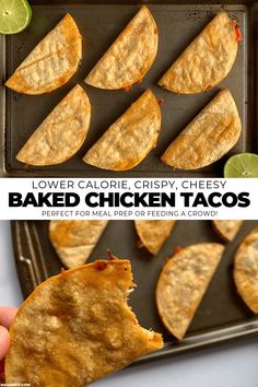 an image of baked chicken tacos being held up in front of the camera with text overlay