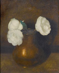 a painting of three white roses in a brown vase