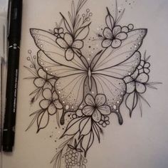 a drawing of a butterfly with flowers on it's wings and some water droplets