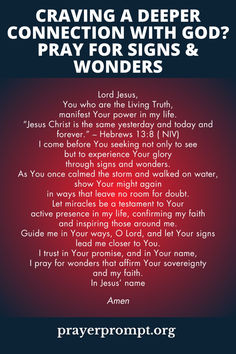 a prayer card with the words, praying a deeper connection with god? pray for signs & wonders