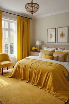 a bedroom with yellow drapes and curtains on the windowsill, a bed in front of a large window