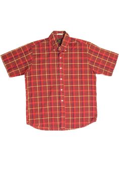 Size: Large Color: Red Material: Cotton Made In: USA Length: 30" Chest Width: 24" Vintage Condition Notes: - Item is generally in good condition. It shows some signs of wear, but there are no outstanding flaws.   Brand: Sears Red Short Sleeve Shirt, Classic Short Sleeve Shirt For Fall, Short Sleeve Cotton Flannel Shirt With Button Closure, Classic Short Sleeve Cotton Flannel Shirt, Classic Cotton Short Sleeve Flannel Shirt, Classic Cotton Short Sleeve Plaid Shirt, Classic Red Cotton Shirt, Classic Plaid Cotton Short Sleeve Shirt, Red Cotton Shirt With Button Closure