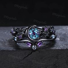 Tungsten Engagement Ring For Women, Black Gold Alexandrite Ring, Unique Alternative Engagement Rings, Wedding Rings Colorful, Colorful Promise Rings, Wedding Rings For Women Silver, Halloween Engagement Ring, Green And Black Wedding Ring, Amethyst Vintage Ring