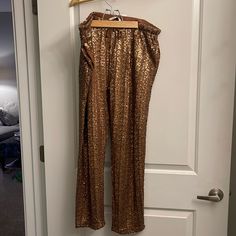 Brand New Never Worn Gold/Brown Sequined Pants Gold Long Pants For Night Out, Gold Straight Leg Party Bottoms, Brown Wide Leg Party Bottoms, Brown High-waisted Pants For Party, Casual Brown Party Bottoms, Casual Brown Pants For Party, Brown Full-length Pants For Night Out, Brown Full Length Pants For Night Out, Brown Pants For Night Out