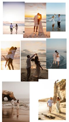 a collage of people standing on the beach at sunset or sunrise with their arms around each other