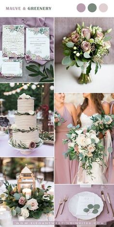 a collage of photos with flowers, greenery and wedding cake on it's table