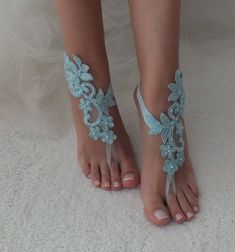 Blue lace barefoot sandals wedding barefoot something blue | Etsy Handmade Summer Wedding Anklets, Blue Open Toe Barefoot Sandals For Party, Blue Barefoot Sandals For Summer Party, Handmade Blue Sandals For Party, Adjustable Summer Bridal Accessories, Summer Wedding Anklets, Summer Wedding Barefoot Sandals With Single Toe Strap, Summer Wedding Barefoot Sandals With Toe Strap, Bridesmaid Sandals