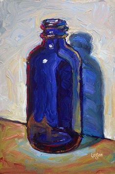 an oil painting of a blue glass bottle on a table with the lid down and another one sitting next to it