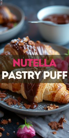 nutella pastry on a plate with chocolate drizzled over it and the words, nutella pastry