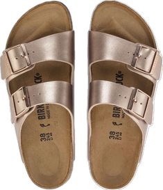 Gold Open Toe Slides With Buckle Closure, Classic Gold Sandals With Buckle Closure, Classic Gold Open Toe Sandals, Classic Gold Sandals With Single Toe Strap, Classic Gold Sandals With Leather Footbed, Metallic Leather Sandals With Single Toe Strap, Gold Slides With Textured Footbed, Metallic Open Toe Slides, Luxury Gold Sandals With Cushioned Footbed