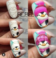 Christmas Animal Nails, Penguin Nail Designs, Penguin Nails, Fingernails Painted, Christmas Nail Art Easy, Quick Nail Art