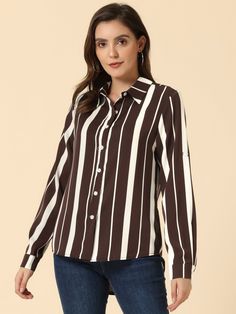 Shop Allegra K for striped button down roll-up long sleeve point collar shirt you are looking for, get more women's shirts for yourelf. Order now! Free Returns! Roll Up Sleeves, Sunday Brunch, Hem Style, Collar Shirt, Women's Shirts, Womens Clothing Sizes, Chic Woman, Linen Women, Shop Blouses