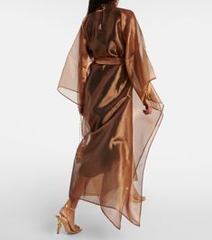 Mirage crêpe kaftan in brown - Taller Marmo | Mytheresa Silk Maxi Kaftan For Evening, Silk Maxi Length Kaftan For Evening, Chic Long Evening Kaftan, Chic Long Kaftan For Evening, Elegant Sheer Party Kimono, Elegant Belted Kimono With Kimono Sleeves, Elegant Belted Silk Kimono, Chic Long Silk Kaftan, Elegant Silk Belted Kimono