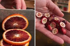 there are two pictures, one with blood oranges and the other with cranberries