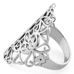 Top of ring width: 32.1mm

      Band width: 5.2mm

      Shank width: 3.3mm

    
 
       Metal:  925 sterling silver

      Finish: high polish Classic Silver Filigree Ring With Polished Finish, Silver Filigree Ring With Polished Finish For Wedding, Silver Filigree Ring With Polished Finish For Anniversary, Formal Sterling Silver Filigree Ring With Polished Finish, White Gold Sterling Silver Filigree Open Ring, Elegant Sterling Silver Engraved Open Band Ring, Sterling Silver Filigree Ring With Polished Finish, Elegant Silver Engraved Ring With Filigree, Elegant Silver Engraved Filigree Ring