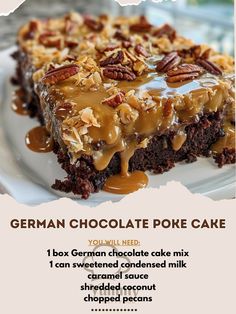 german chocolate poke cake recipe on a white plate with caramel drizzle and pecans