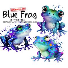 three colorful frogs sitting next to each other on top of a white background with the words blue frog