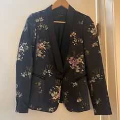 Beautiful Zara Jacket, Never Worn. Black Satin-Like Fabric Stitched With Flowers Elegant Black Blazer With Floral Print, Elegant Black Floral Print Blazer, Zara Floral Print Outerwear For Fall, Zara Floral Print Long Sleeve Outerwear, Patterned Blazer, Zara Jacket, Zara Jackets, Zara Basic, Black Satin