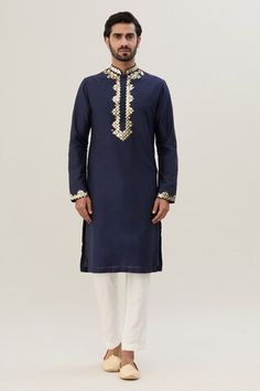 Dark blue bundi with 3d embroidery. Paired with a dark blue kurta and white pant. - Aza Fashions Blue Sherwani With Gota Work, Blue Bollywood Sherwani With Gota Work, Blue Sherwani With Gota Work For Festivals, Festive Blue Sherwani With Gota Work, Kurta Set Men, Jayanti Reddy, White Pant, Blue Kurta, Kurta Set For Men