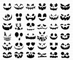 halloween pumpkins and jack - o'- lantern faces are shown in black on a white background